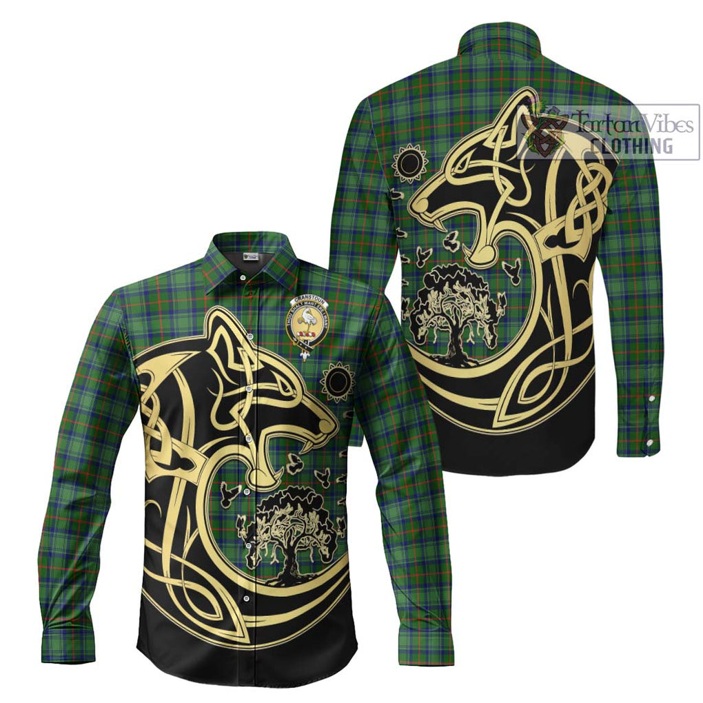 Cranstoun (Cranston) Tartan Long Sleeve Button Shirt with Family Crest Celtic Wolf Style Men's Shirt S - Tartan Vibes Clothing