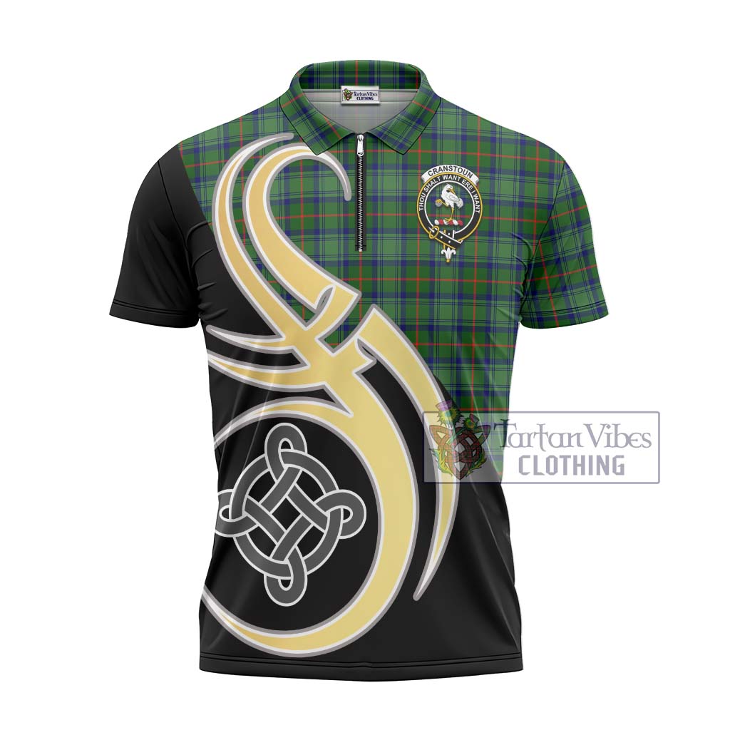 Tartan Vibes Clothing Cranstoun Tartan Zipper Polo Shirt with Family Crest and Celtic Symbol Style