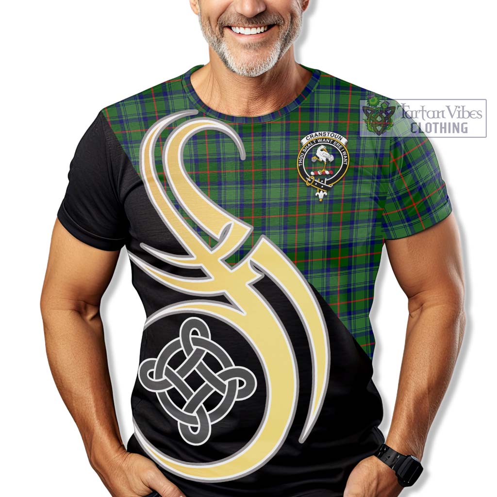 Tartan Vibes Clothing Cranstoun Tartan T-Shirt with Family Crest and Celtic Symbol Style