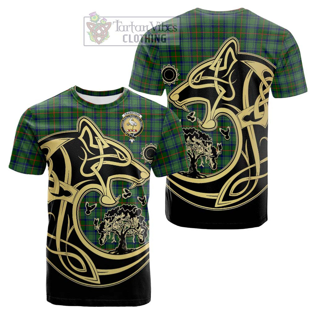 Tartan Vibes Clothing Cranstoun Tartan Cotton T-shirt with Family Crest Celtic Wolf Style