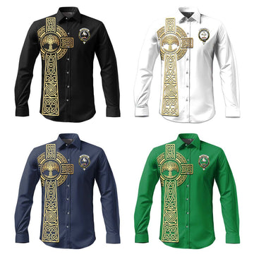 Cranstoun (Cranston) Clan Mens Long Sleeve Button Up Shirt with Golden Celtic Tree Of Life