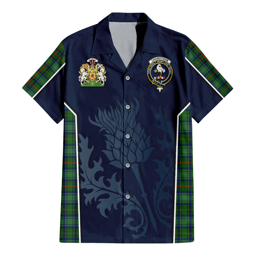 Tartan Vibes Clothing Cranstoun Tartan Short Sleeve Button Up Shirt with Family Crest and Scottish Thistle Vibes Sport Style