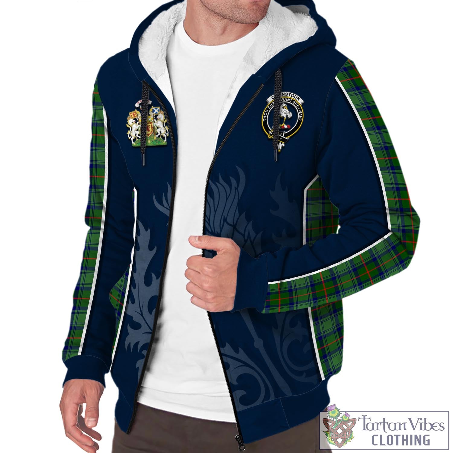 Tartan Vibes Clothing Cranstoun Tartan Sherpa Hoodie with Family Crest and Scottish Thistle Vibes Sport Style