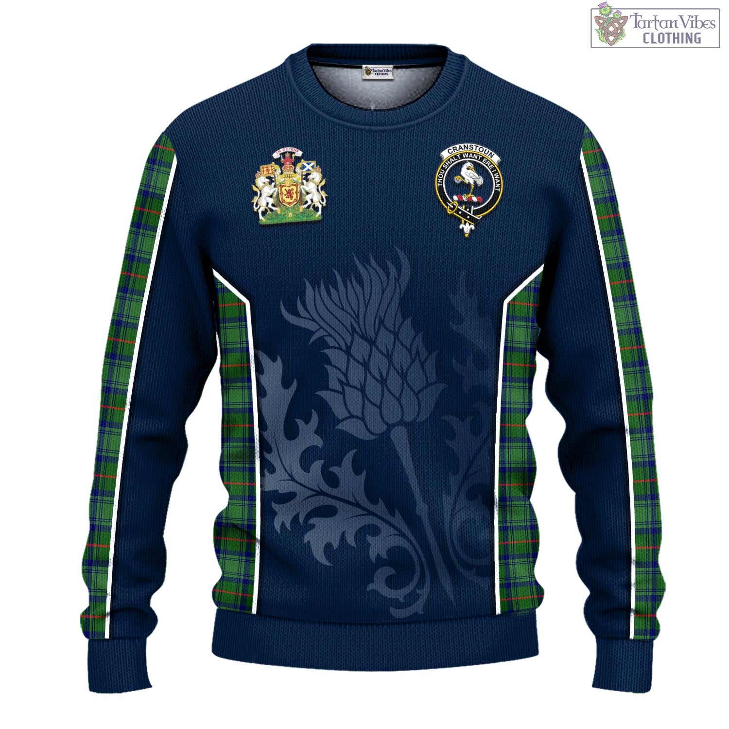 Tartan Vibes Clothing Cranstoun Tartan Knitted Sweatshirt with Family Crest and Scottish Thistle Vibes Sport Style