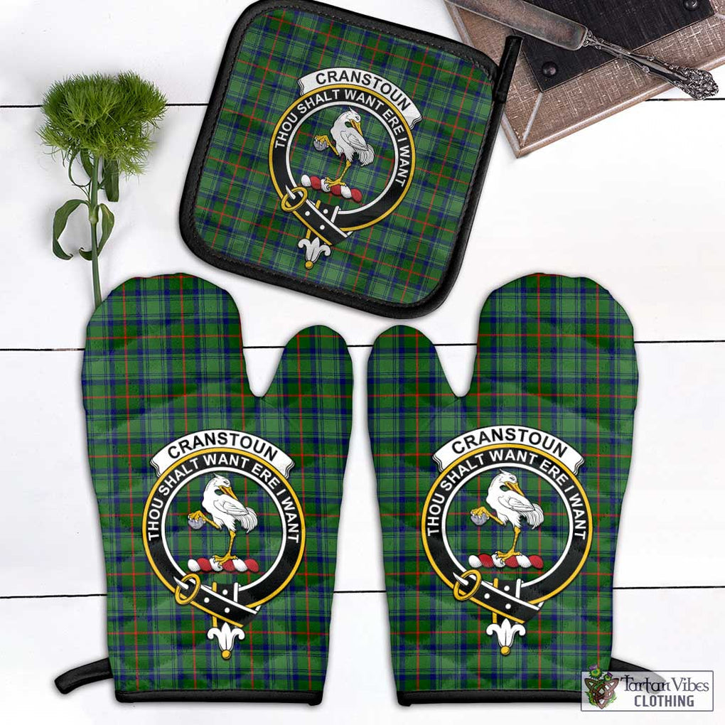 Cranstoun (Cranston) Tartan Combo Oven Mitt & Pot-Holder with Family Crest Combo 1 Oven Mitt & 1 Pot-Holder Black - Tartan Vibes Clothing