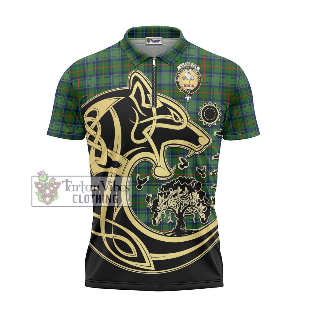 Cranstoun (Cranston) Tartan Zipper Polo Shirt with Family Crest Celtic Wolf Style - Tartanvibesclothing Shop