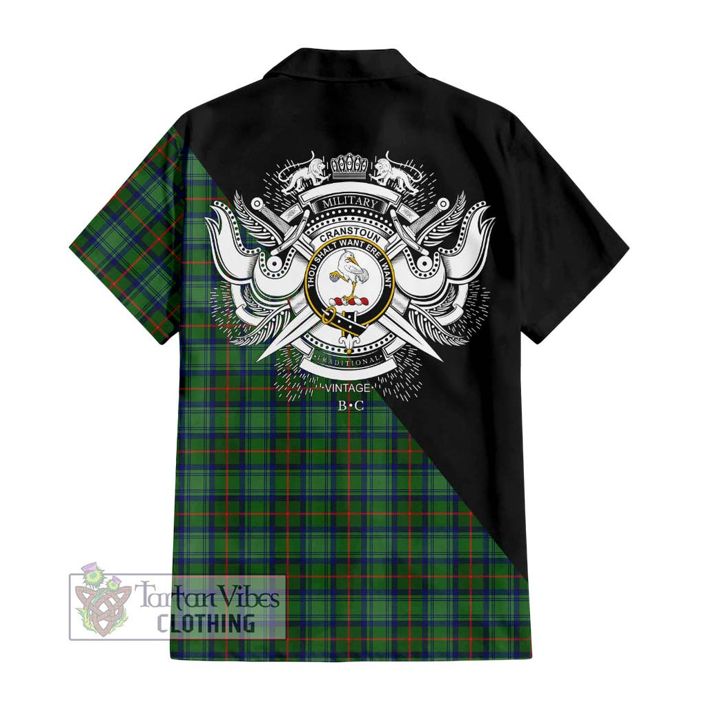 Cranstoun (Cranston) Tartan Short Sleeve Button Shirt with Family Crest and Military Logo Style - Tartanvibesclothing Shop