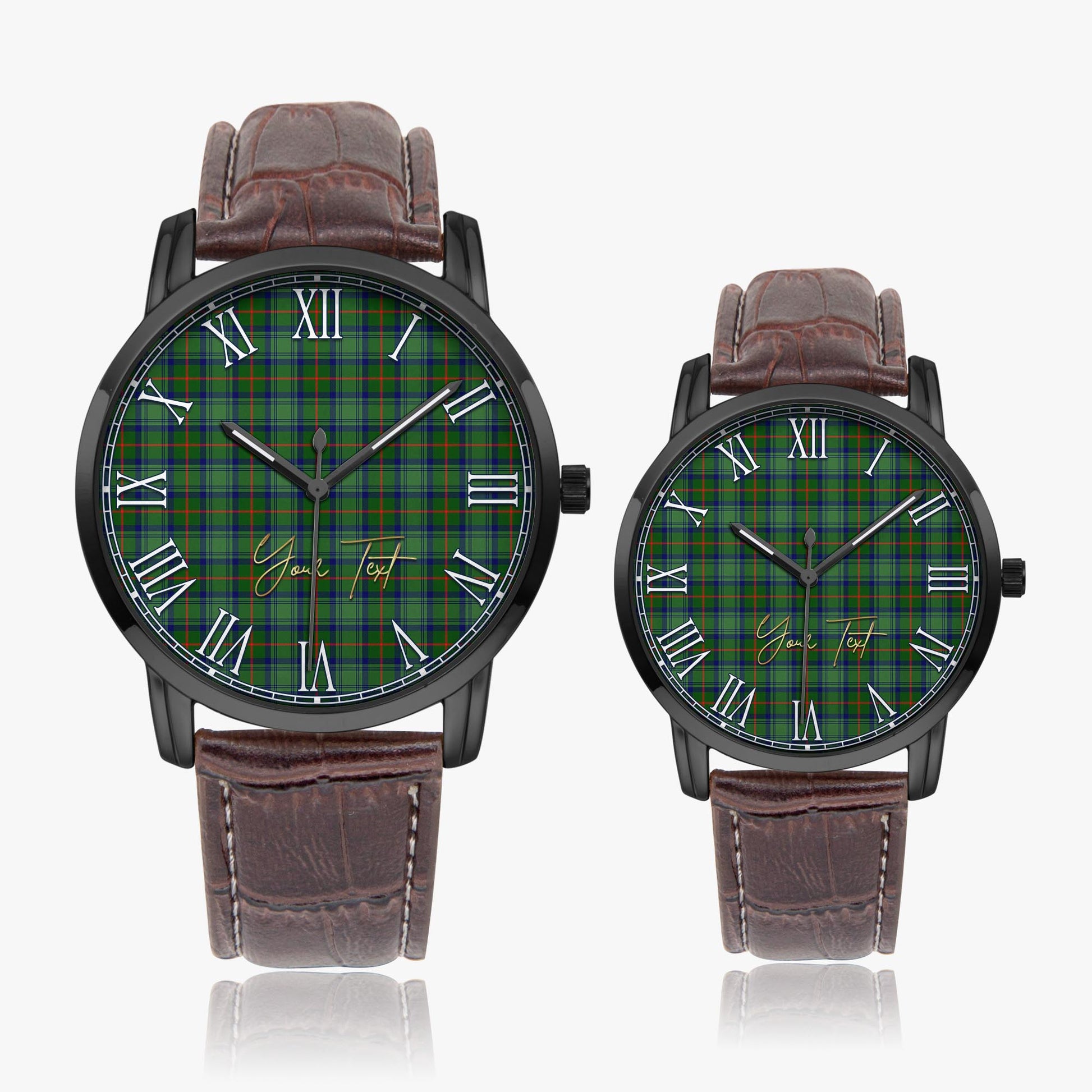 Cranstoun Tartan Personalized Your Text Leather Trap Quartz Watch Wide Type Black Case With Brown Leather Strap - Tartanvibesclothing