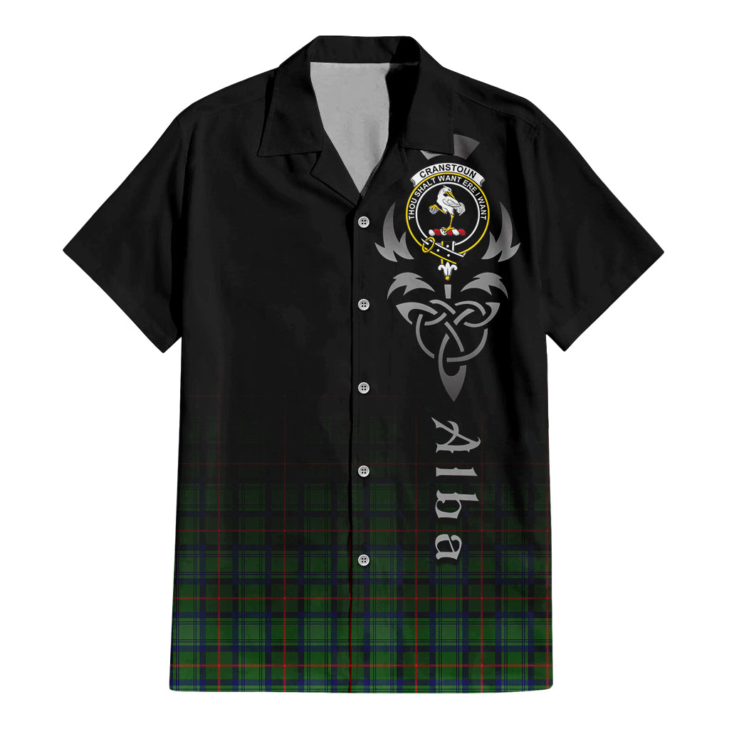 Tartan Vibes Clothing Cranstoun Tartan Short Sleeve Button Up Featuring Alba Gu Brath Family Crest Celtic Inspired