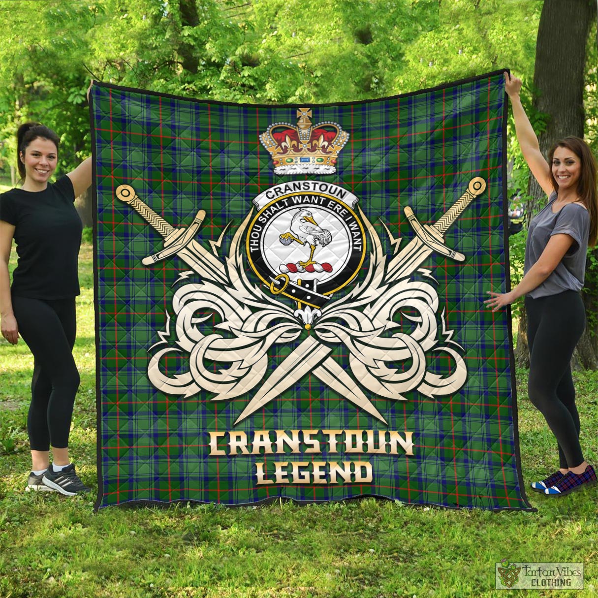 Tartan Vibes Clothing Cranstoun Tartan Quilt with Clan Crest and the Golden Sword of Courageous Legacy