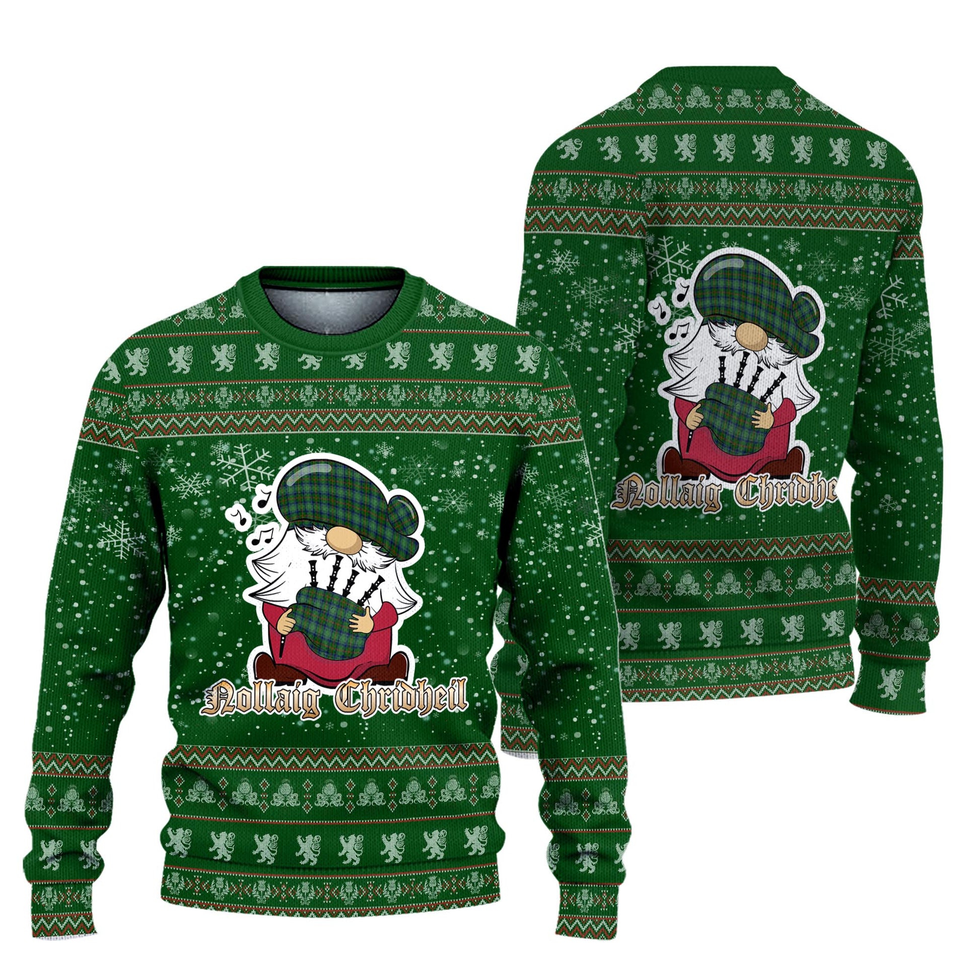 Cranstoun Clan Christmas Family Knitted Sweater with Funny Gnome Playing Bagpipes Unisex Green - Tartanvibesclothing