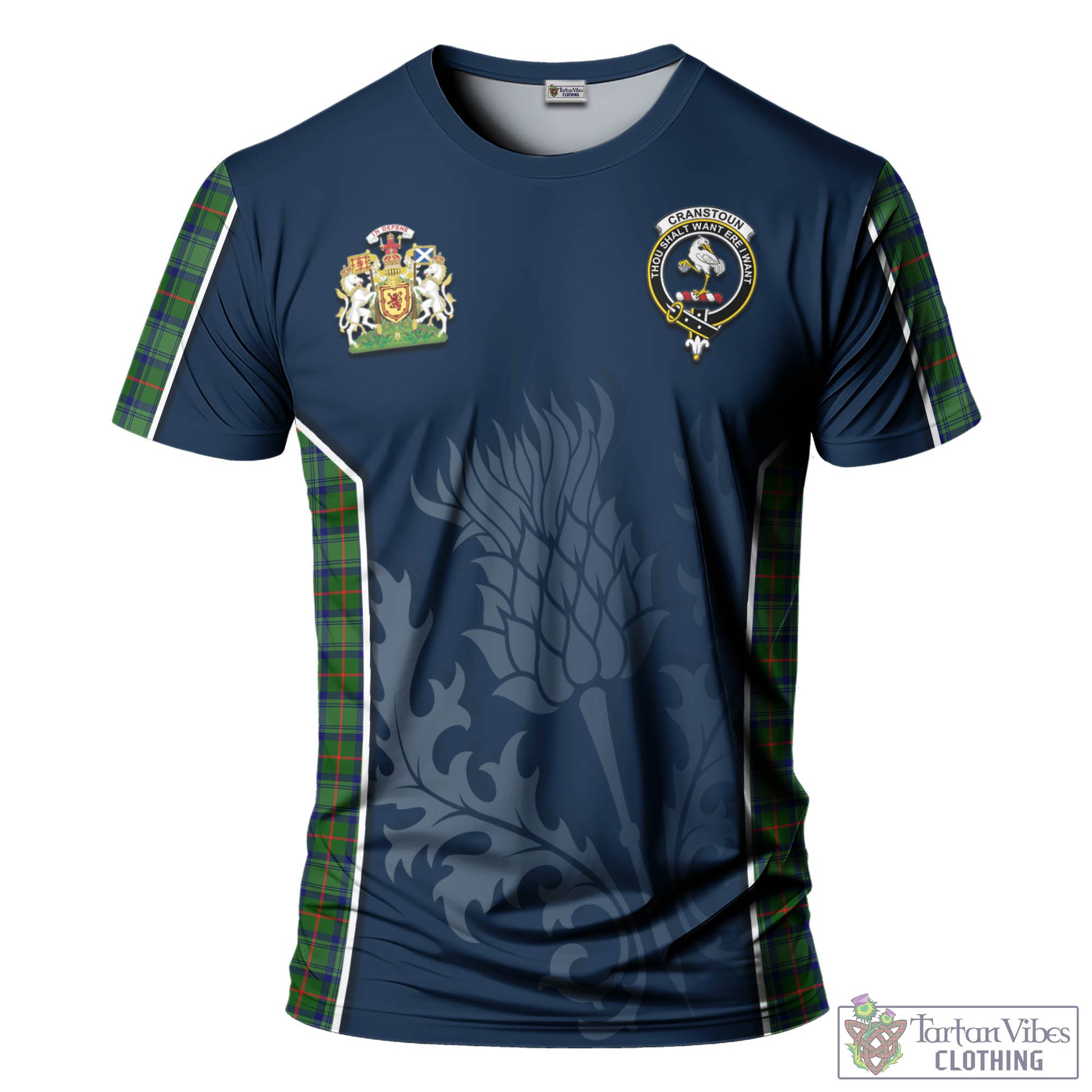 Tartan Vibes Clothing Cranstoun Tartan T-Shirt with Family Crest and Scottish Thistle Vibes Sport Style