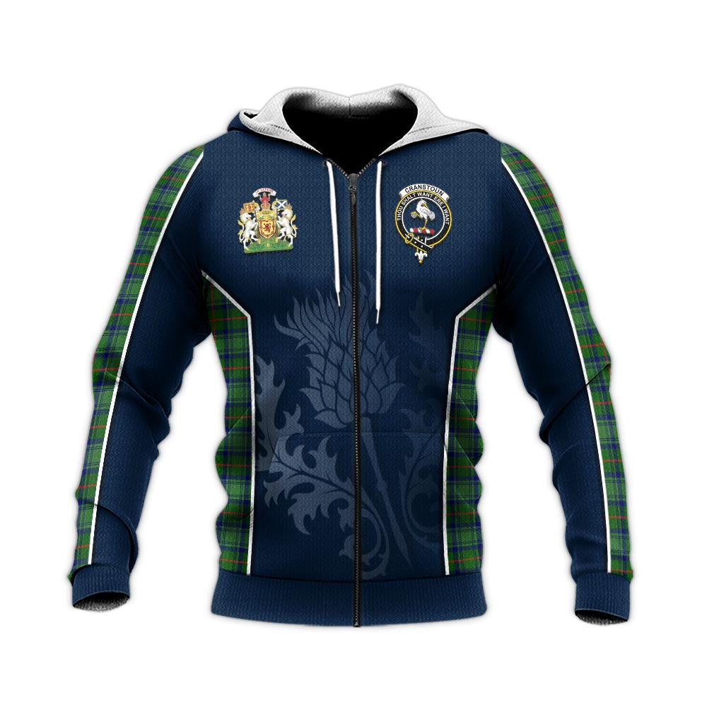 Tartan Vibes Clothing Cranstoun Tartan Knitted Hoodie with Family Crest and Scottish Thistle Vibes Sport Style