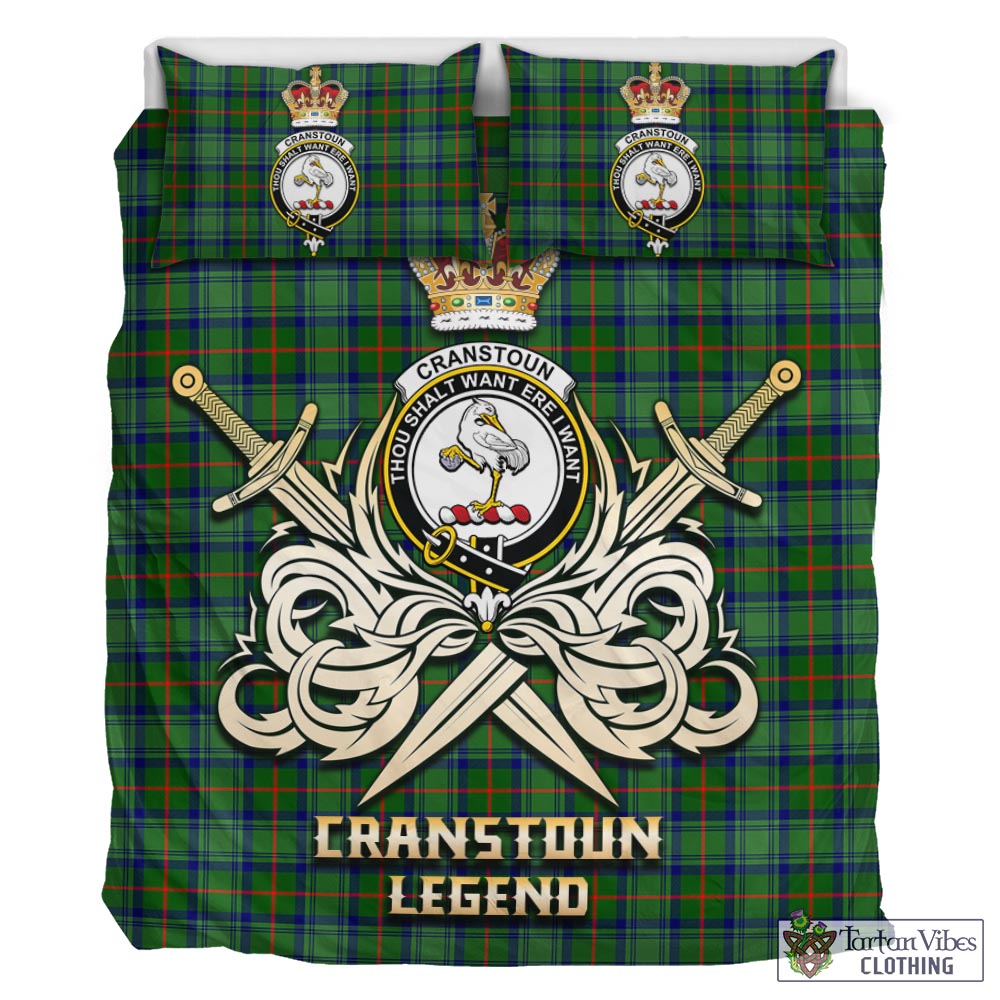 Tartan Vibes Clothing Cranstoun Tartan Bedding Set with Clan Crest and the Golden Sword of Courageous Legacy