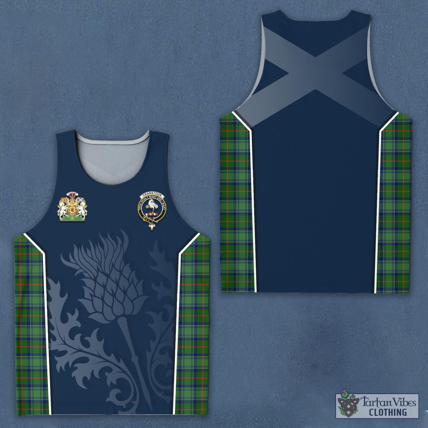 Tartan Vibes Clothing Cranstoun Tartan Men's Tanks Top with Family Crest and Scottish Thistle Vibes Sport Style