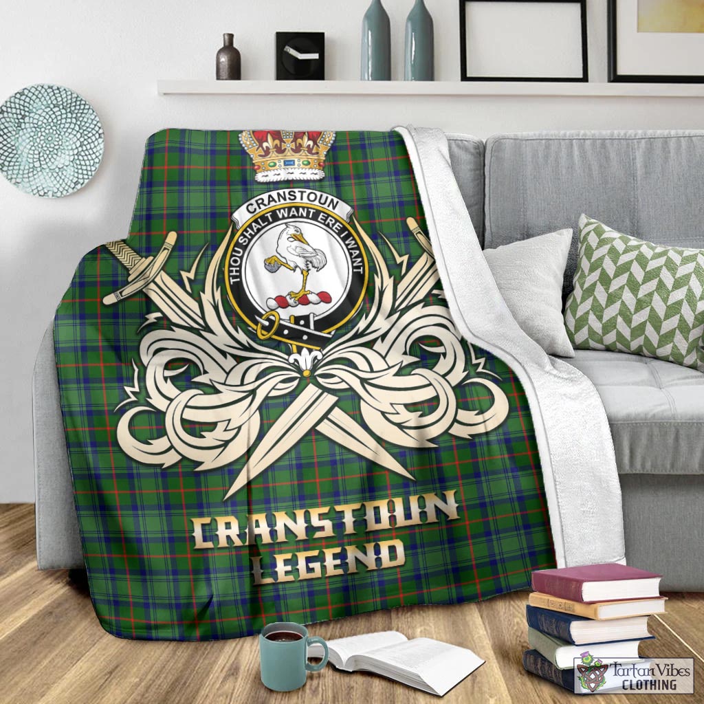 Tartan Vibes Clothing Cranstoun Tartan Blanket with Clan Crest and the Golden Sword of Courageous Legacy