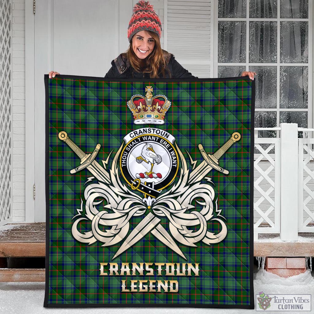 Tartan Vibes Clothing Cranstoun Tartan Quilt with Clan Crest and the Golden Sword of Courageous Legacy