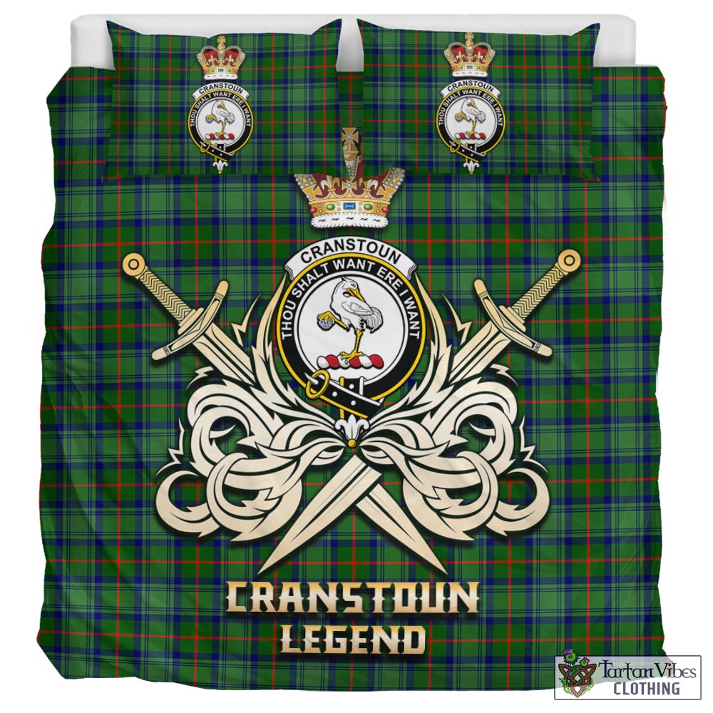 Tartan Vibes Clothing Cranstoun Tartan Bedding Set with Clan Crest and the Golden Sword of Courageous Legacy