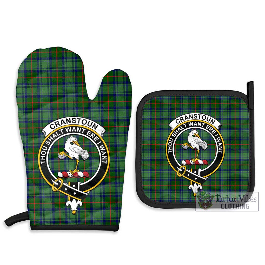 Cranstoun (Cranston) Tartan Combo Oven Mitt & Pot-Holder with Family Crest Combo 1 Oven Mitt & 2 Pot-Holder Black - Tartan Vibes Clothing