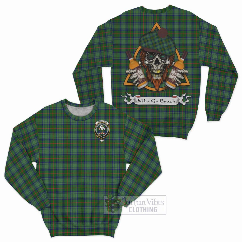 Tartan Vibes Clothing Cranstoun (Cranston) Tartan Sweatshirt with Family Crest and Bearded Skull Holding Bottles of Whiskey