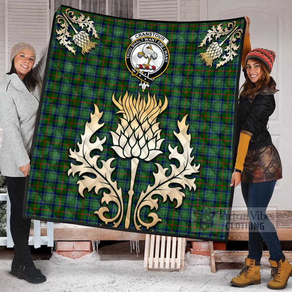 Tartan Vibes Clothing Cranstoun (Cranston) Tartan Quilt with Family Crest and Golden Thistle Style