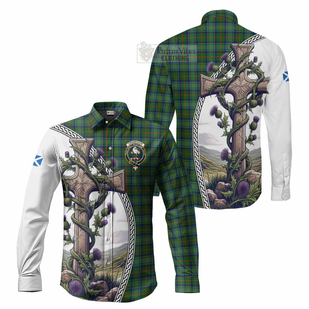 Tartan Vibes Clothing Cranstoun (Cranston) Tartan Long Sleeve Button Shirt with Family Crest and St. Andrew's Cross Accented by Thistle Vines