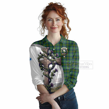 Cranstoun (Cranston) Tartan Women's Casual Shirt with Family Crest and St. Andrew's Cross Accented by Thistle Vines