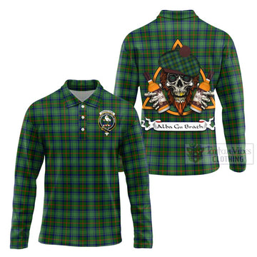 Cranstoun (Cranston) Tartan Long Sleeve Polo Shirt with Family Crest and Bearded Skull Holding Bottles of Whiskey