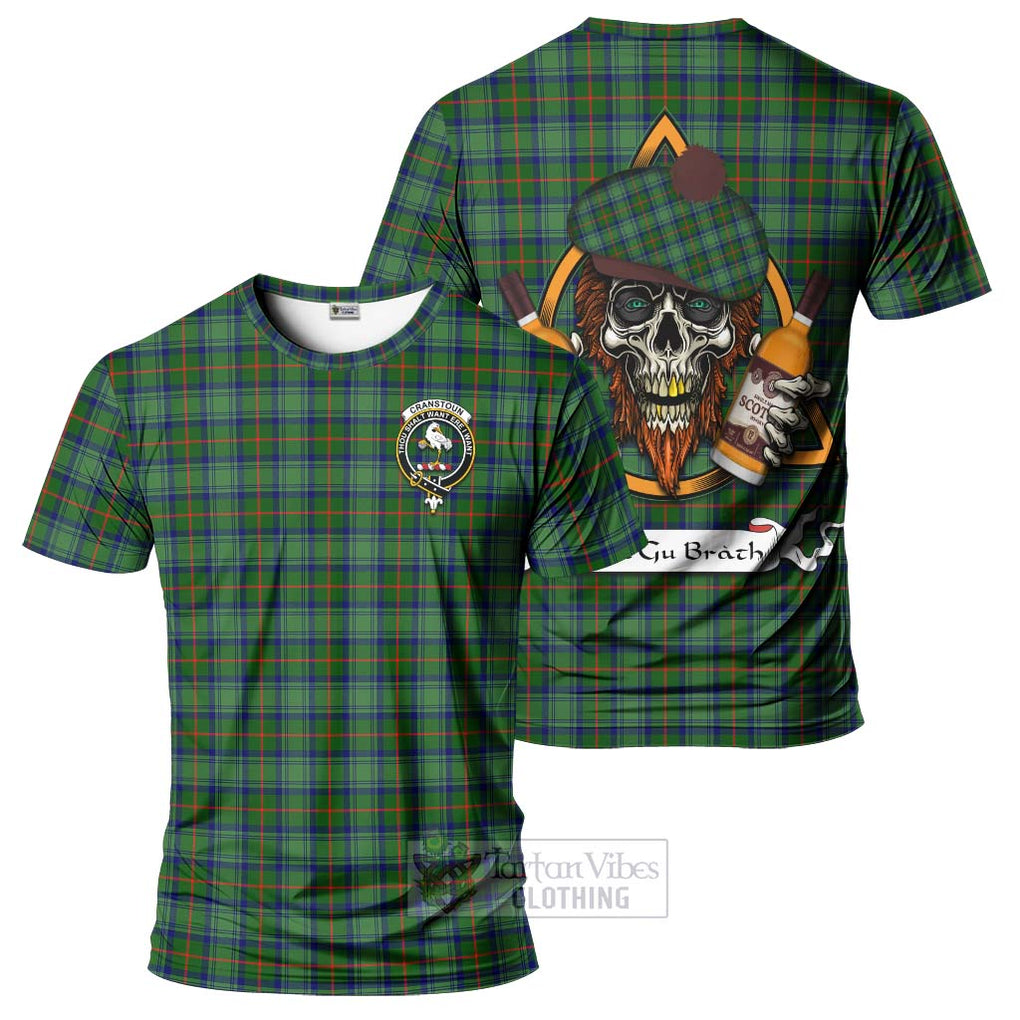 Tartan Vibes Clothing Cranstoun (Cranston) Tartan T-Shirt with Family Crest and Bearded Skull Holding Bottles of Whiskey