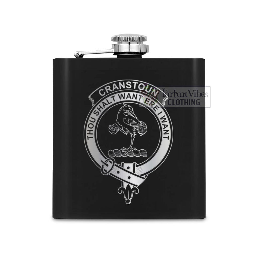 Tartan Vibes Clothing Cranstoun (Cranston) Crest Hip Flask Set 7oz Black Stainless Steel with A Gift Box