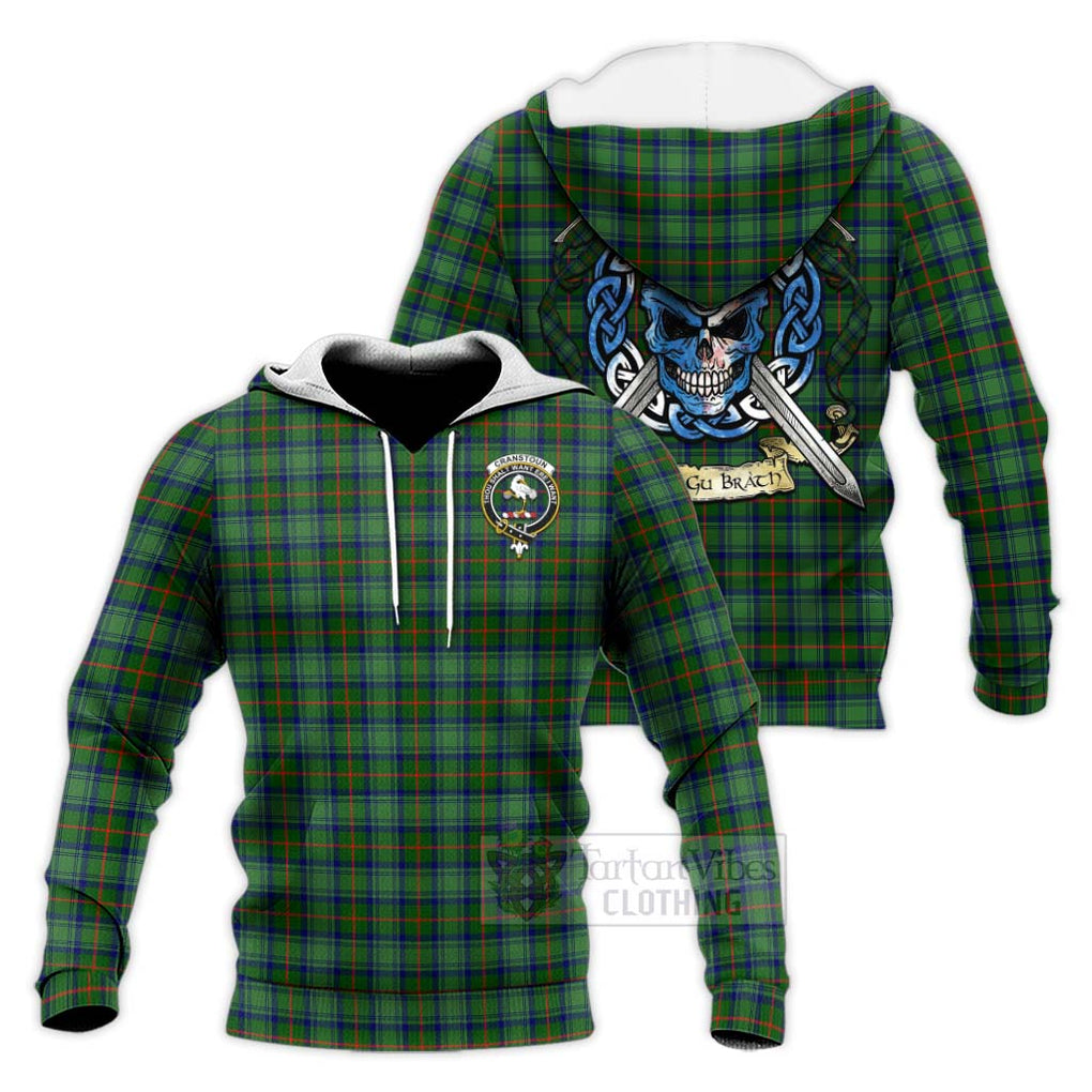 Tartan Vibes Clothing Cranstoun (Cranston) Tartan Knitted Hoodie with Family Crest Celtic Skull Style