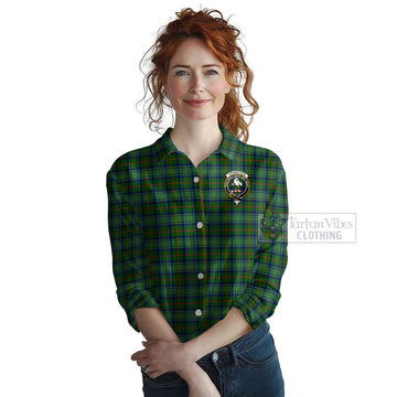 Cranstoun (Cranston) Tartan Women's Casual Shirt with Family Crest and Bearded Skull Holding Bottles of Whiskey