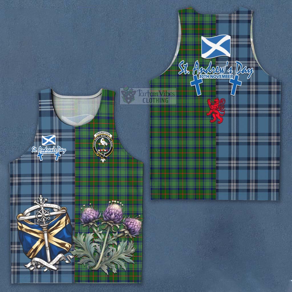 Tartan Vibes Clothing Cranstoun (Cranston) Tartan Men's Tank Top Happy St. Andrew's Day Half Tartan Style