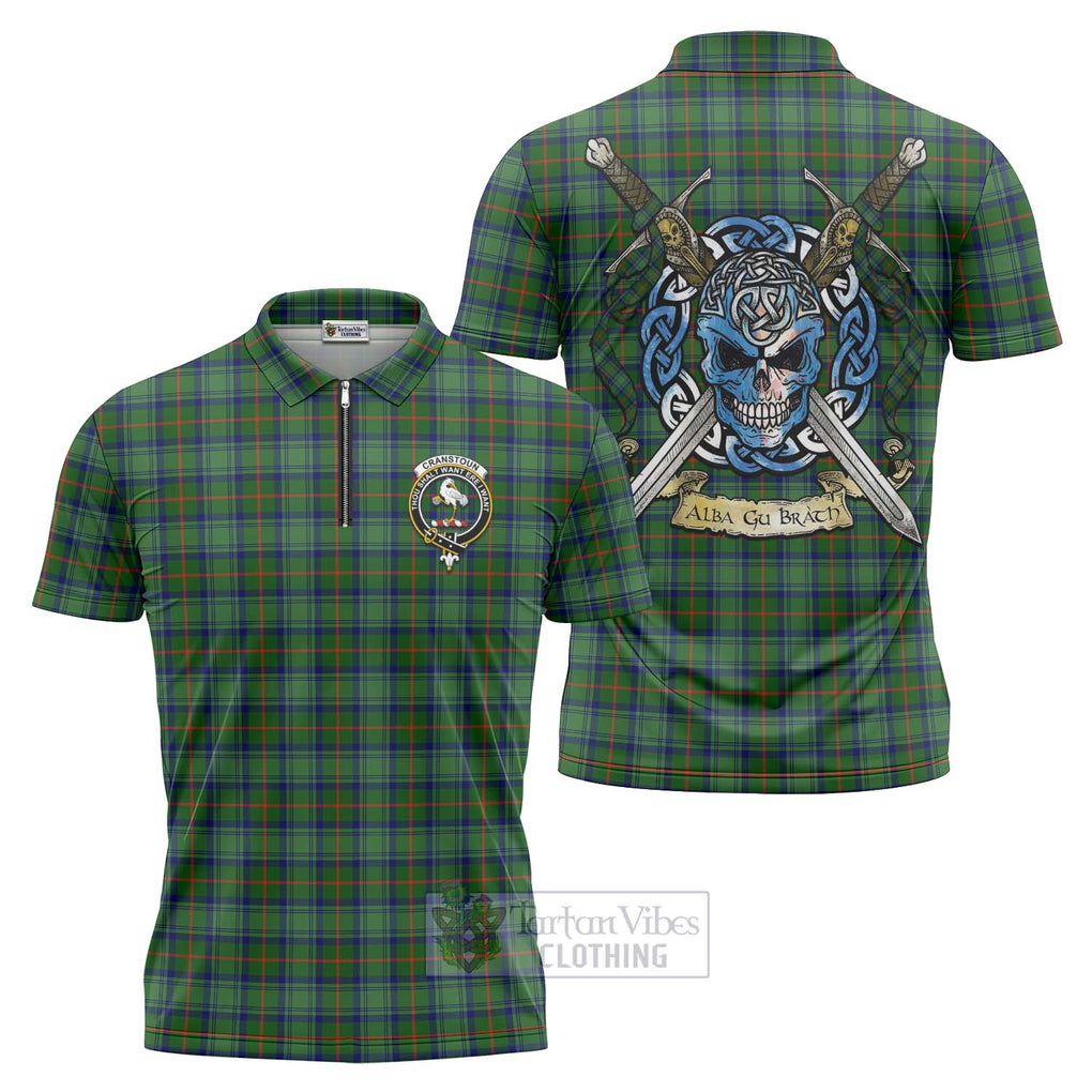 Tartan Vibes Clothing Cranstoun (Cranston) Tartan Zipper Polo Shirt with Family Crest Celtic Skull Style