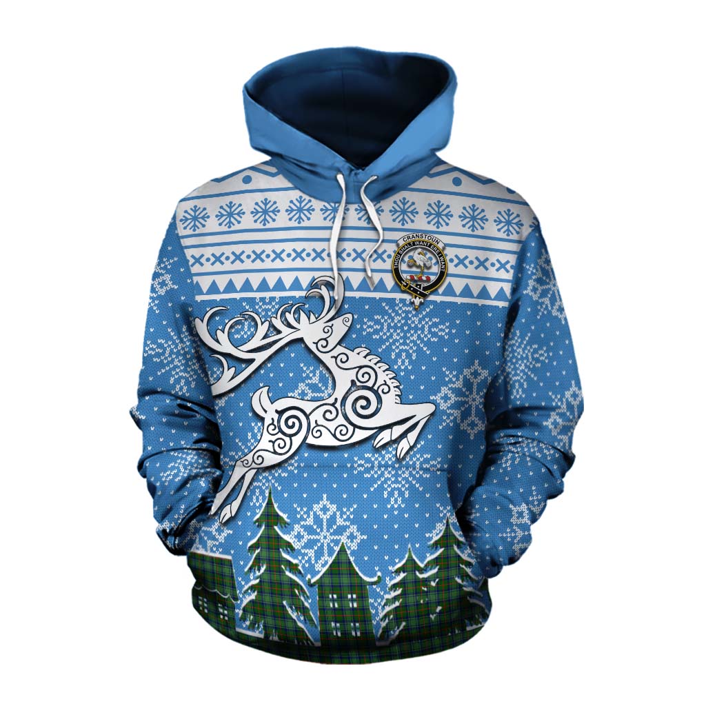 Tartan Vibes Clothing Cranstoun (Cranston) Clan Christmas Cotton Hoodie Celtic Reindeer Style