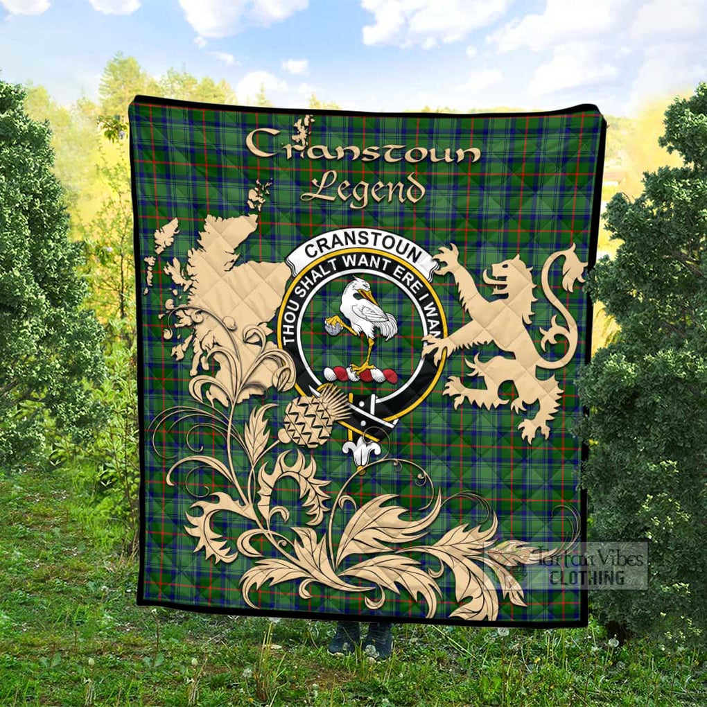 Tartan Vibes Clothing Cranstoun (Cranston) Tartan Quilt with Family Crest and Scottish Symbol Style