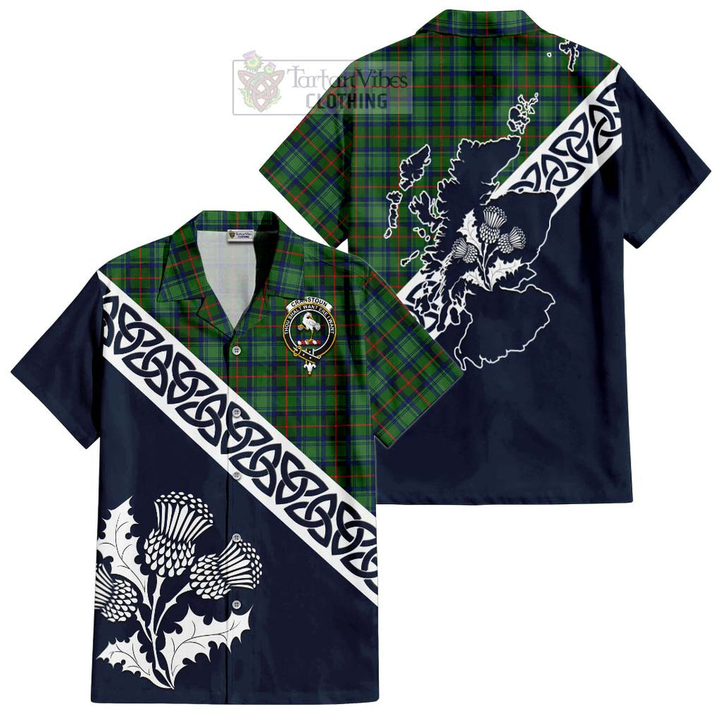 Tartan Vibes Clothing Cranstoun (Cranston) Tartan Short Sleeve Button Shirt Featuring Thistle and Scotland Map