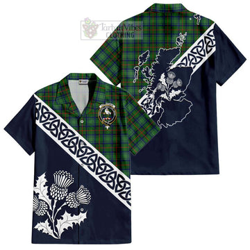 Cranstoun (Cranston) Tartan Short Sleeve Button Shirt Featuring Thistle and Scotland Map