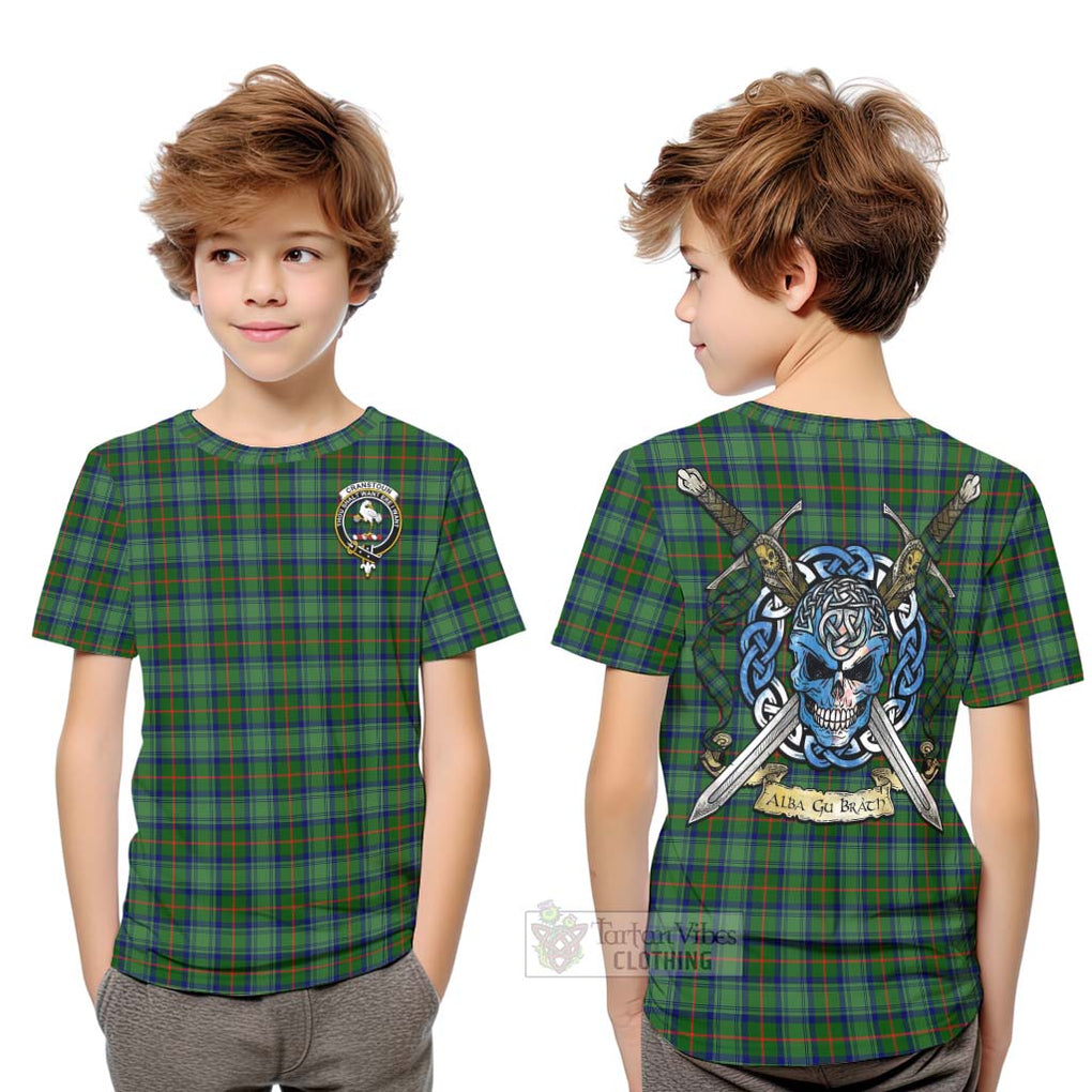 Tartan Vibes Clothing Cranstoun (Cranston) Tartan Kid T-Shirt with Family Crest Celtic Skull Style