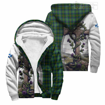 Cranstoun (Cranston) Tartan Sherpa Hoodie with Family Crest and St. Andrew's Cross Accented by Thistle Vines