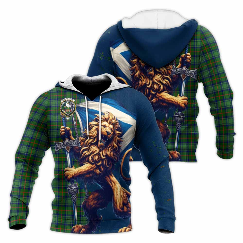 Tartan Vibes Clothing Cranstoun (Cranston) Tartan Family Crest Knitted Hoodie with Scottish Majestic Lion