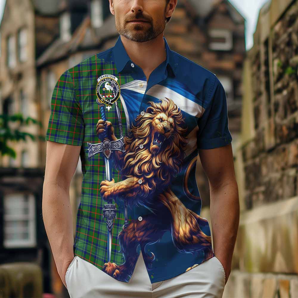 Tartan Vibes Clothing Cranstoun (Cranston) Tartan Family Crest Short Sleeve Button Shirt with Scottish Majestic Lion