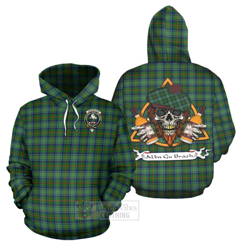 Tartan Vibes Clothing Cranstoun (Cranston) Tartan Hoodie with Family Crest and Bearded Skull Holding Bottles of Whiskey