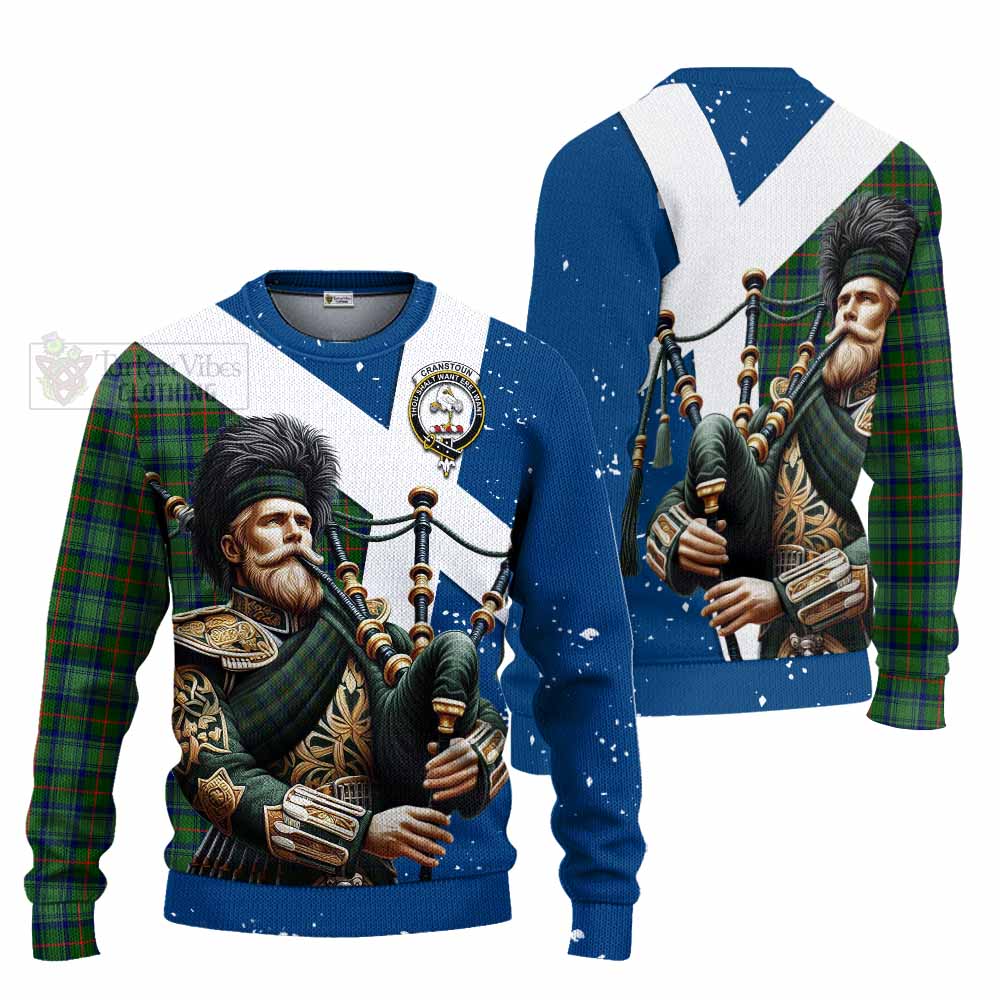 Tartan Vibes Clothing Cranstoun (Cranston) Tartan Knitted Sweater with Family Crest Scottish Bagpiper Vibes