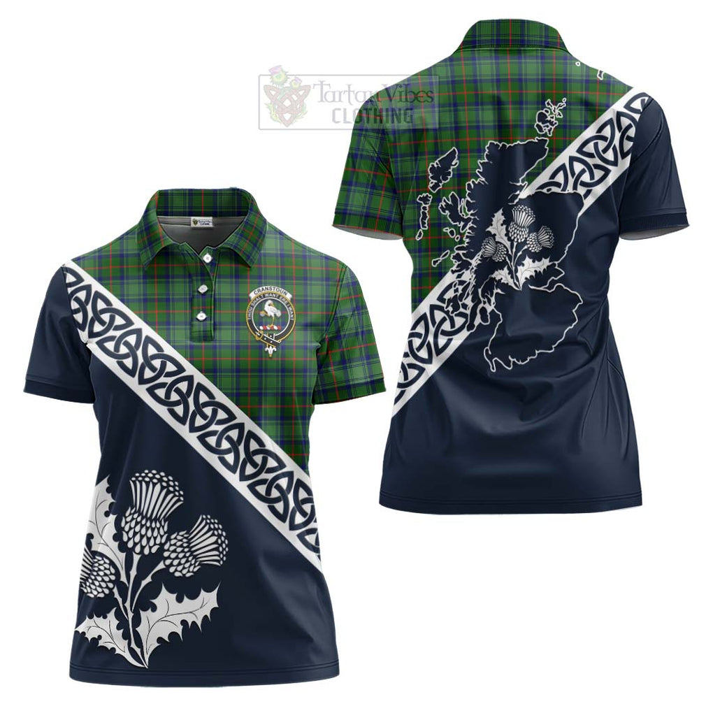 Tartan Vibes Clothing Cranstoun (Cranston) Tartan Women's Polo Shirt Featuring Thistle and Scotland Map