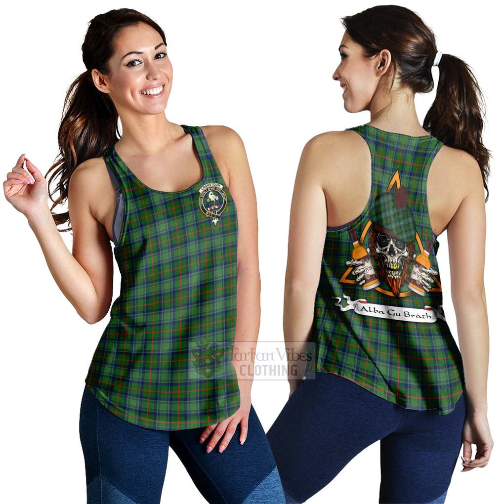 Tartan Vibes Clothing Cranstoun (Cranston) Tartan Women's Racerback Tanks with Family Crest and Bearded Skull Holding Bottles of Whiskey