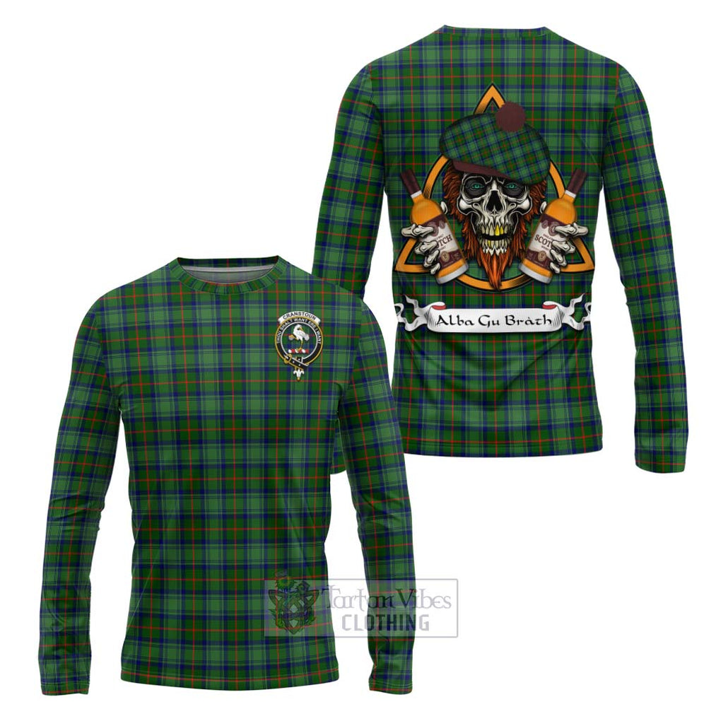 Tartan Vibes Clothing Cranstoun (Cranston) Tartan Long Sleeve T-Shirt with Family Crest and Bearded Skull Holding Bottles of Whiskey