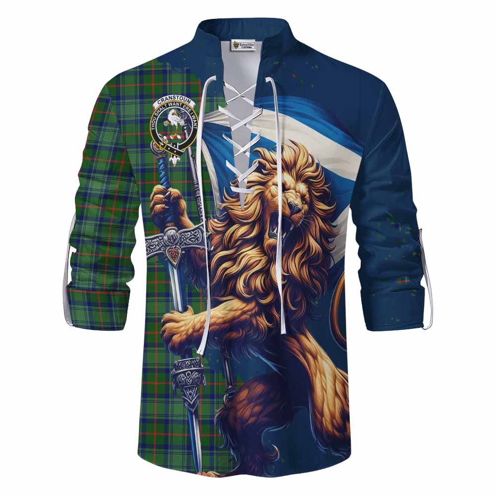 Tartan Vibes Clothing Cranstoun (Cranston) Tartan Family Crest Ghillie Kilt Shirt with Scottish Majestic Lion