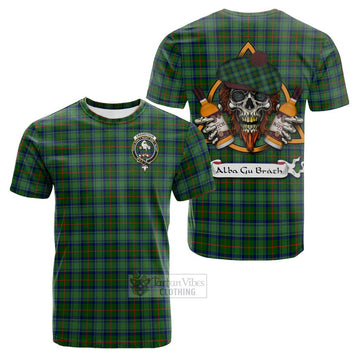 Cranstoun (Cranston) Tartan Cotton T-shirt with Family Crest and Bearded Skull Holding Bottles of Whiskey