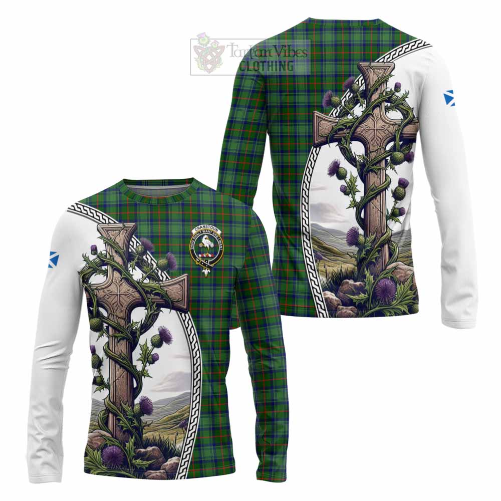 Tartan Vibes Clothing Cranstoun (Cranston) Tartan Long Sleeve T-Shirt with Family Crest and St. Andrew's Cross Accented by Thistle Vines